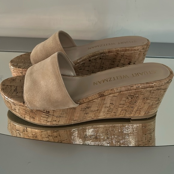 STUART WEITZMAN Summer Wedge Women’s size 10 Tan Suede Platform Slide Sandals - Picture 3 of 16
